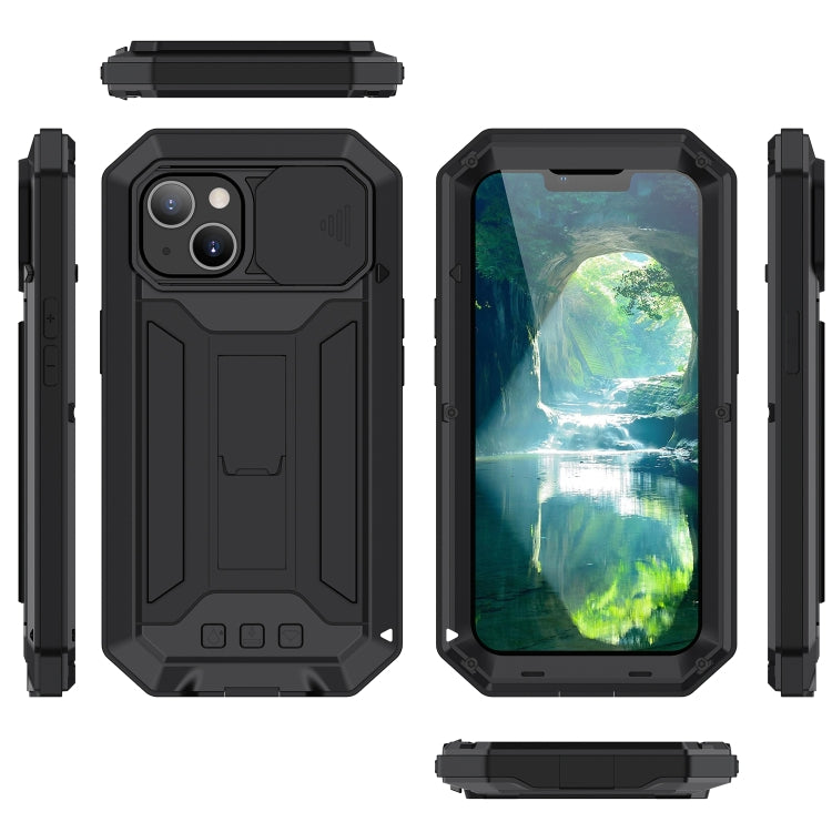 For iPhone 13 mini R-JUST Sliding Camera Shockproof Life Waterproof Dust-proof Metal + Silicone Protective Case with Holder (Black) - HoMEdemic™ 