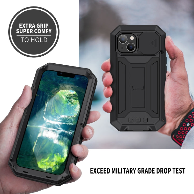 For iPhone 13 mini R-JUST Sliding Camera Shockproof Life Waterproof Dust-proof Metal + Silicone Protective Case with Holder (Black) - HoMEdemic™ 