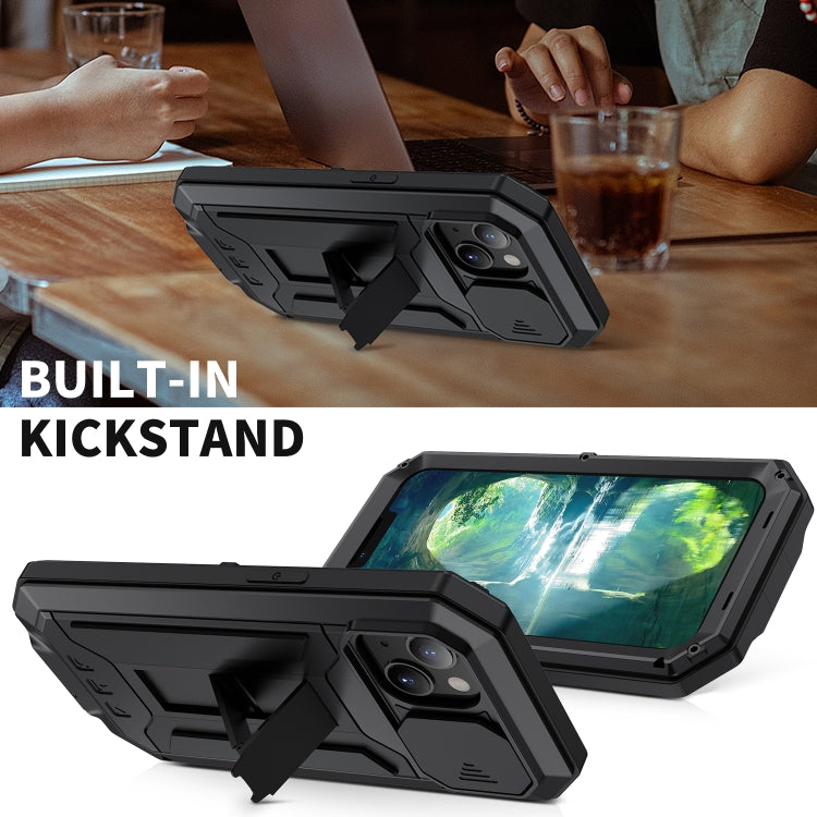 For iPhone 13 mini R-JUST Sliding Camera Shockproof Life Waterproof Dust-proof Metal + Silicone Protective Case with Holder (Black) - HoMEdemic™ 