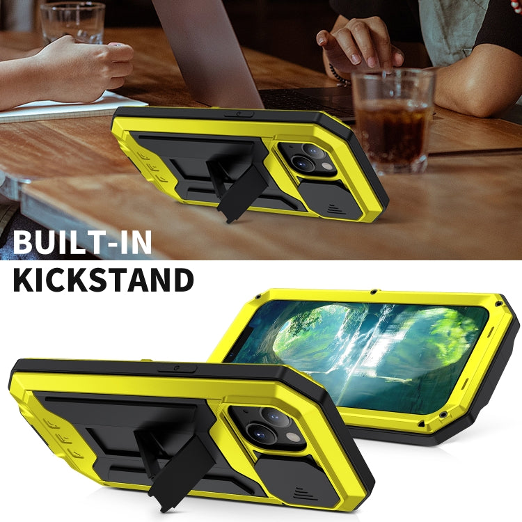 For iPhone 13 mini R-JUST Sliding Camera Shockproof Life Waterproof Dust-proof Metal + Silicone Protective Case with Holder (Yellow) - HoMEdemic™ 