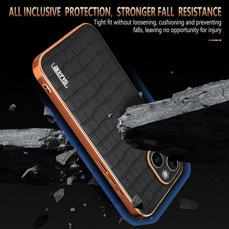 For iPhone 14 AZNS Electroplated Frame Crocodile Texture Full Coverage Phone Case(Brown) - HoMEdemic™ 