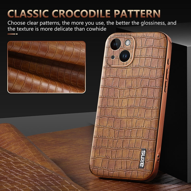 For iPhone 14 AZNS Electroplated Frame Crocodile Texture Full Coverage Phone Case(Brown) - HoMEdemic™ 