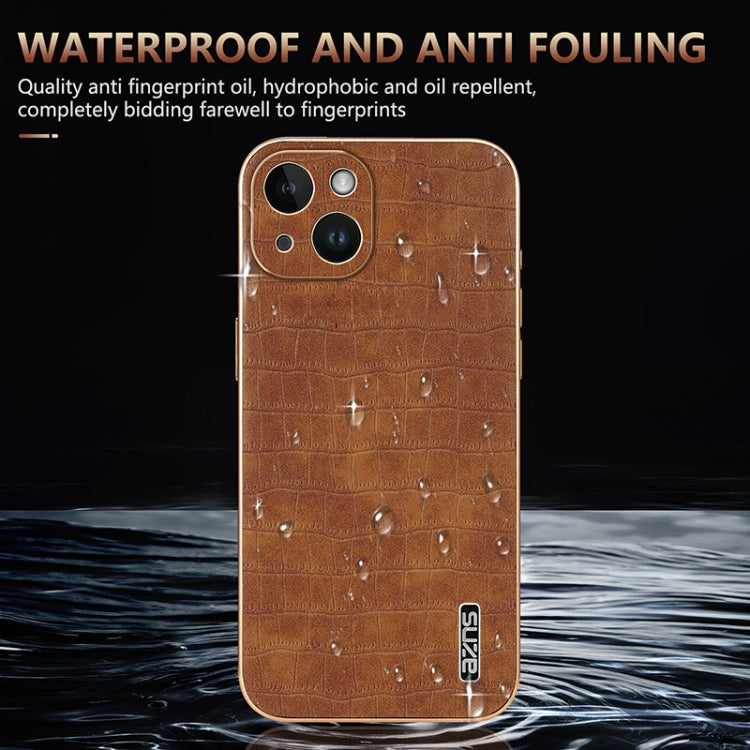 For iPhone 14 AZNS Electroplated Frame Crocodile Texture Full Coverage Phone Case(Brown) - HoMEdemic™ 