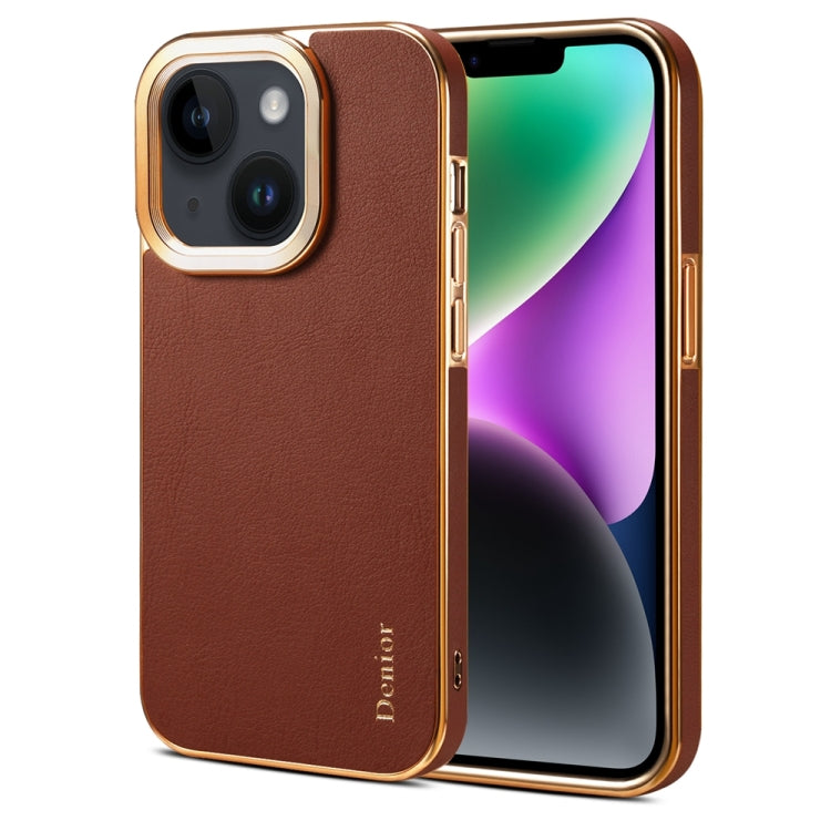 For iPhone 14 Denior Cowhide Leather Plating Phone Case(Brown) - HoMEdemic™ 