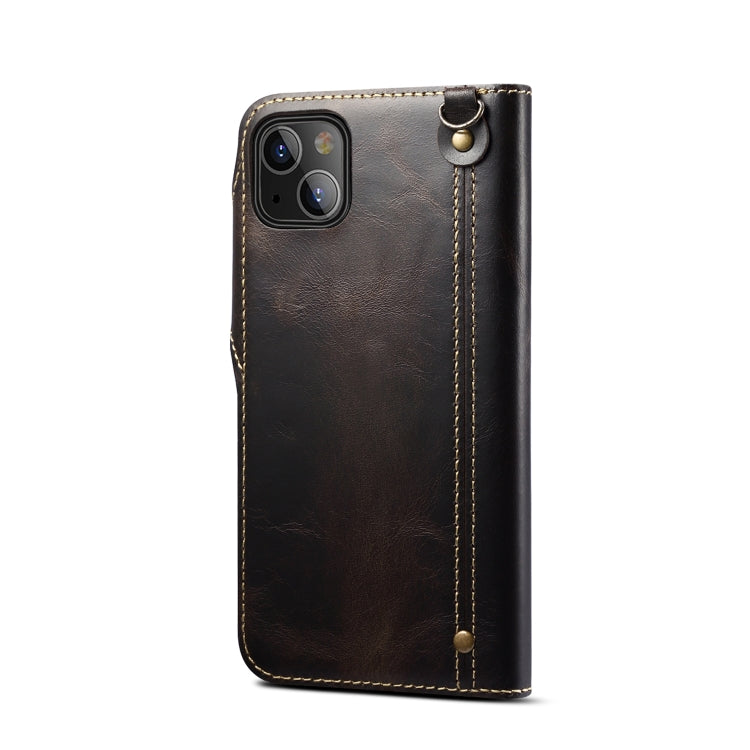 For iPhone 14 Denior Oil Wax Cowhide Magnetic Button Genuine Leather Case(Black) - HoMEdemic™ 