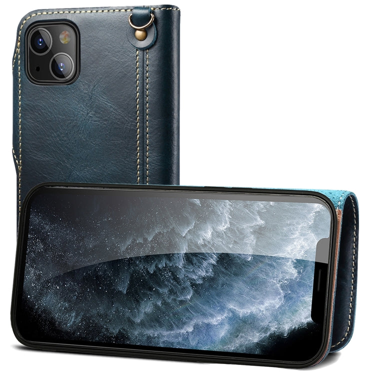 For iPhone 14 Denior Oil Wax Cowhide Magnetic Button Genuine Leather Case(Dark Blue) - HoMEdemic™ 