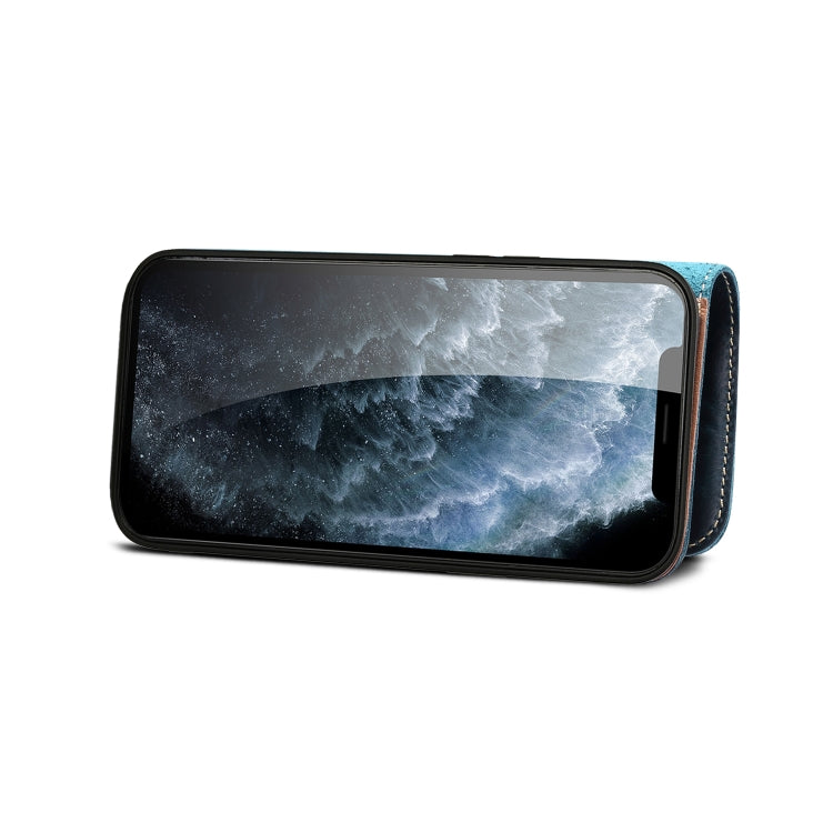 For iPhone 14 Denior Oil Wax Cowhide Magnetic Button Genuine Leather Case(Dark Blue) - HoMEdemic™ 
