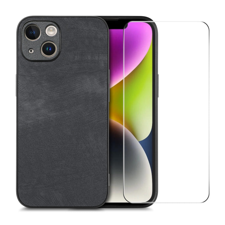 For iPhone 14 ENKAY Retro Leather Skin PC Phone Case with High Aluminum-silicon Glass Film(Black) - HoMEdemic™ 