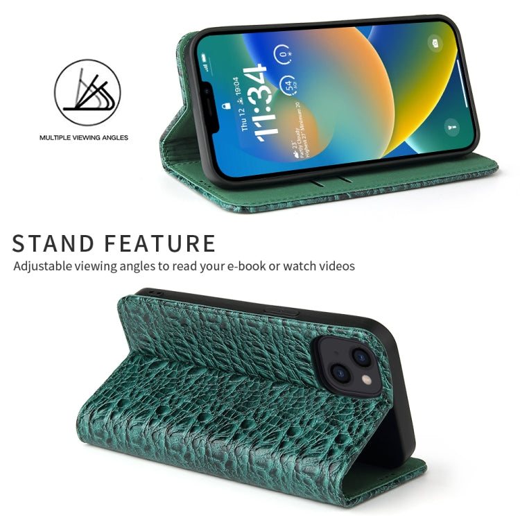 For iPhone 14 Fierre Shann Crocodile Texture Magnetic Genuine Leather Phone Case(Green) - HoMEdemic™ 