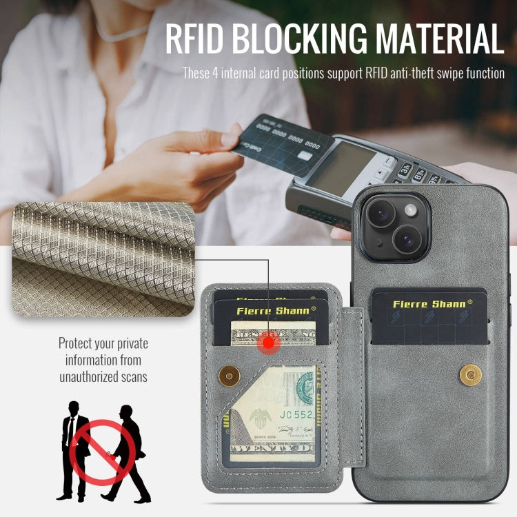 For iPhone 14 Fierre Shann Oil Wax Cow Leather Card Holder Back Phone Case(Grey) - HoMEdemic™ 