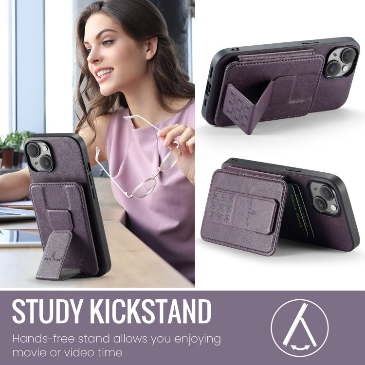 For iPhone 14 Fierre Shann Oil Wax Cow Leather Card Holder Back Phone Case(Purple) - HoMEdemic™ 
