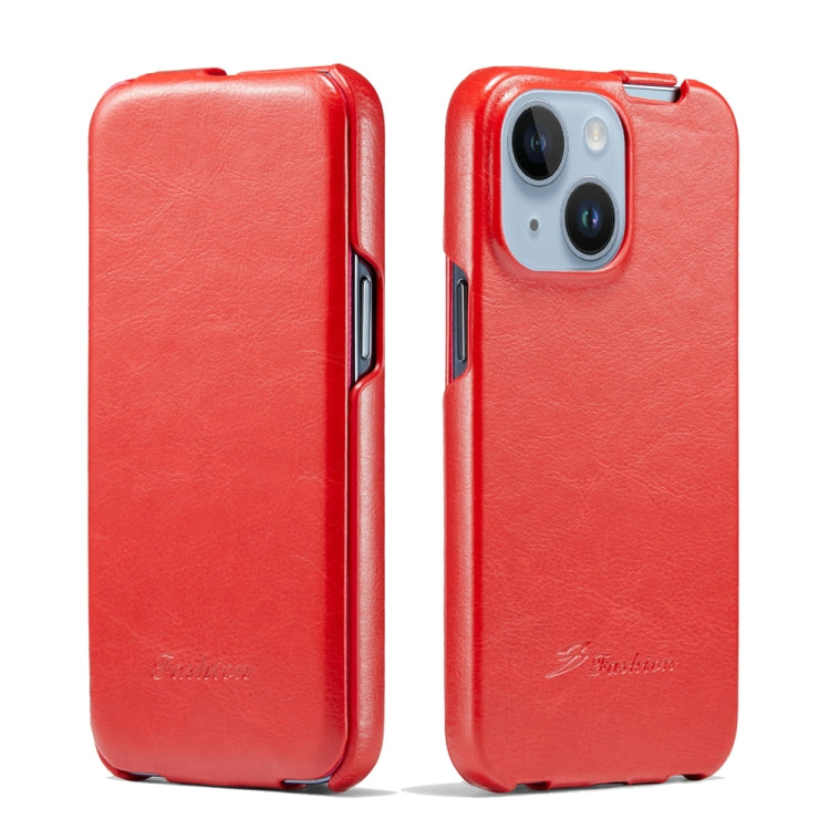 For iPhone 14 Fierre Shann Oil Wax Texture Vertical Flip PU Phone Case (Red) - HoMEdemic™
