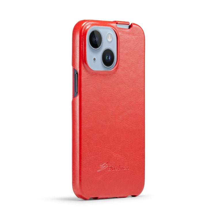 For iPhone 14 Fierre Shann Oil Wax Texture Vertical Flip PU Phone Case (Red) - HoMEdemic™