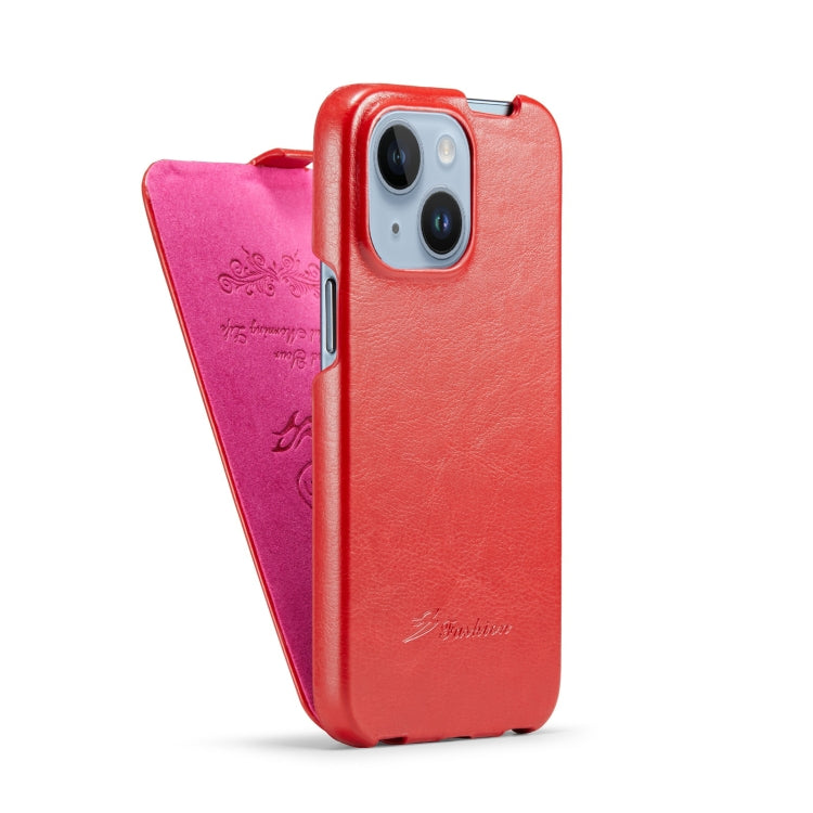 For iPhone 14 Fierre Shann Oil Wax Texture Vertical Flip PU Phone Case (Red) - HoMEdemic™