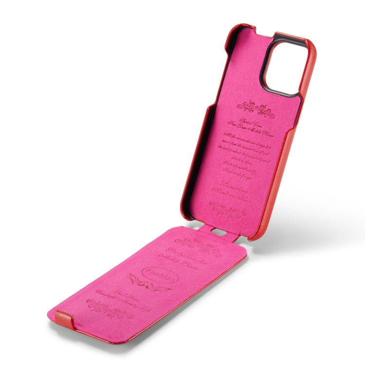 For iPhone 14 Fierre Shann Oil Wax Texture Vertical Flip PU Phone Case (Red) - HoMEdemic™