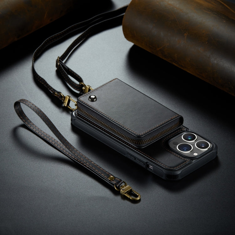 For iPhone 14 JEEHOOD C22 Series Zipper Wallet Phone Case with Long and Short Lanyard(Black) - HoMEdemic™ 