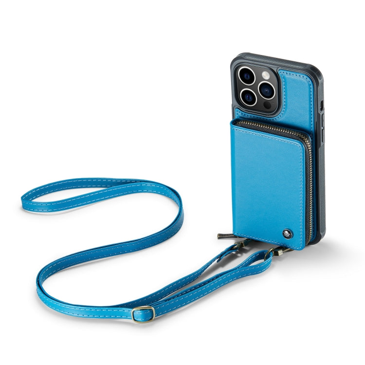 For iPhone 14 JEEHOOD C22 Series Zipper Wallet Phone Case with Long and Short Lanyard(Blue) - HoMEdemic™ 