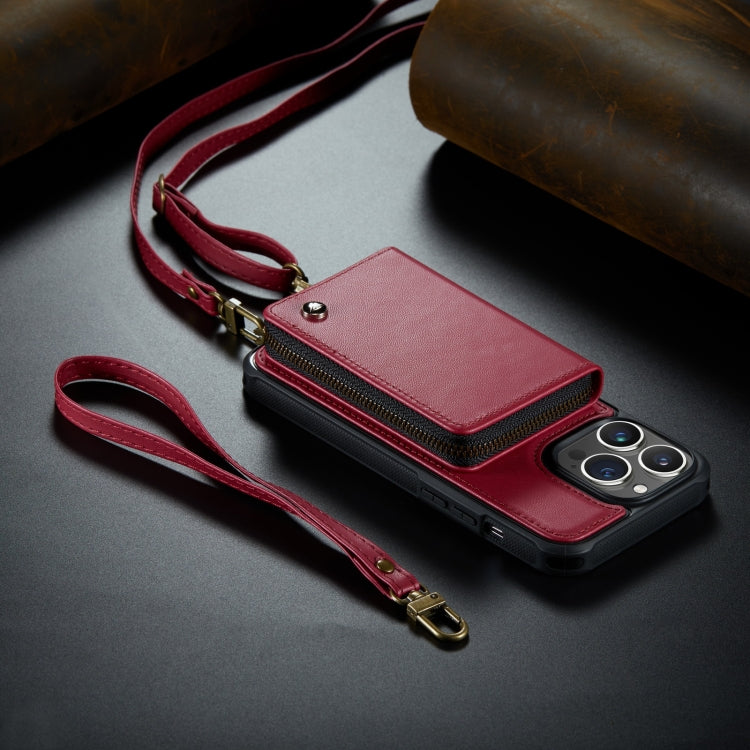 For iPhone 14 JEEHOOD C22 Series Zipper Wallet Phone Case with Long and Short Lanyard(Red) - HoMEdemic™ 