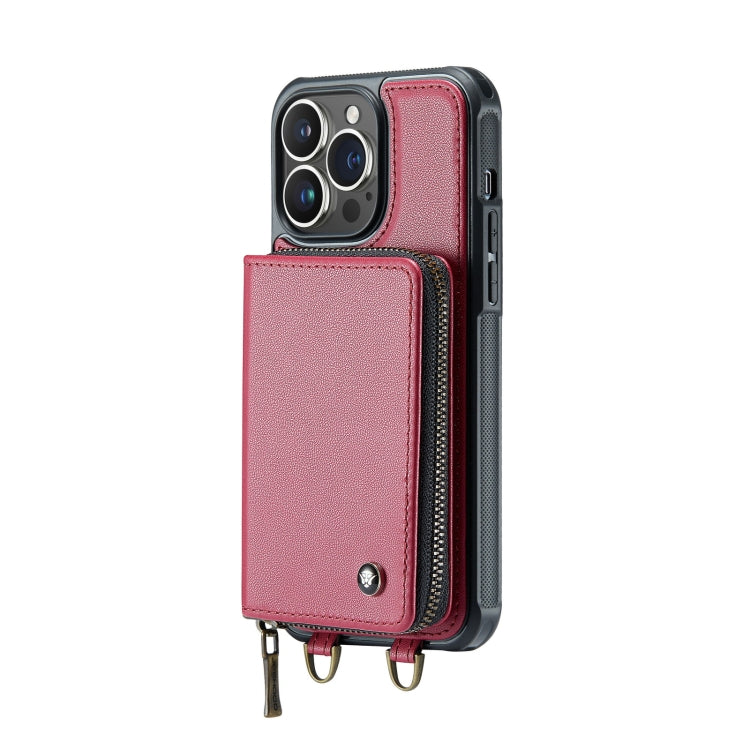 For iPhone 14 JEEHOOD C22 Series Zipper Wallet Phone Case with Long and Short Lanyard(Red) - HoMEdemic™ 
