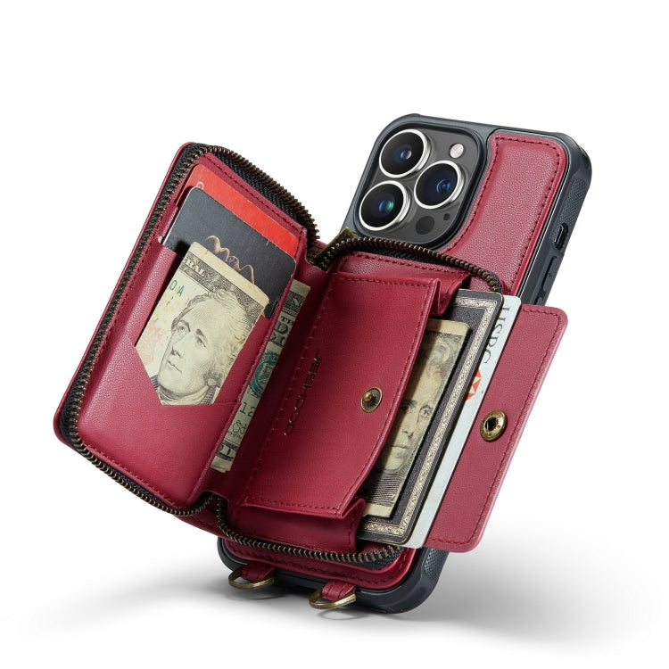For iPhone 14 JEEHOOD C22 Series Zipper Wallet Phone Case with Long and Short Lanyard(Red) - HoMEdemic™ 
