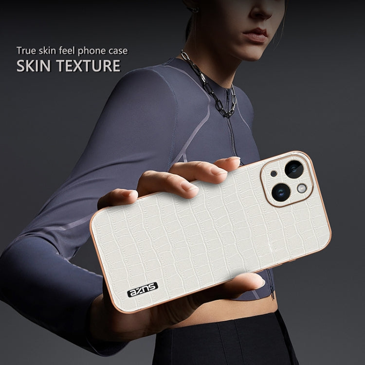 For iPhone 14 Plus AZNS Electroplated Frame Crocodile Texture Full Coverage Phone Case(White) - HoMEdemic™ 