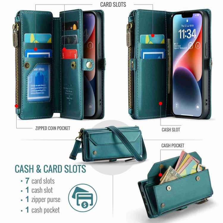 For iPhone 14 Plus CaseMe C36 Card Slots Zipper Wallet RFID Anti-theft Leather Phone Case(Blue-green) - HoMEdemic™ 