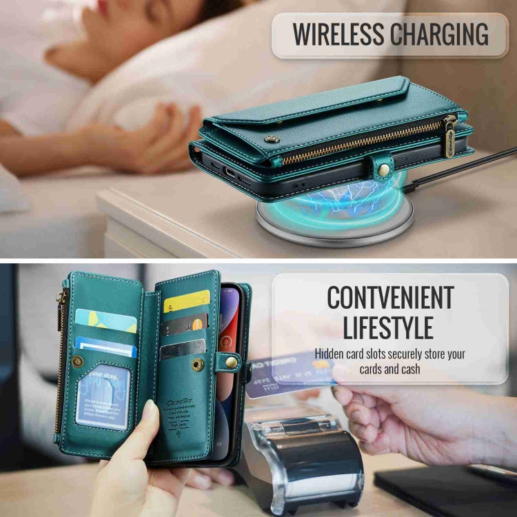 For iPhone 14 Plus CaseMe C36 Card Slots Zipper Wallet RFID Anti-theft Leather Phone Case(Blue-green) - HoMEdemic™ 