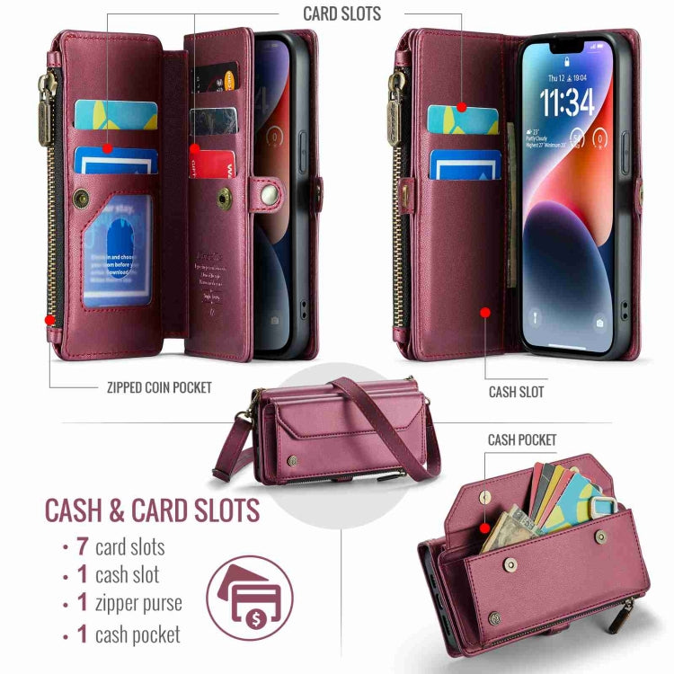 For iPhone 14 Plus CaseMe C36 Card Slots Zipper Wallet RFID Anti-theft Leather Phone Case(Wine Red) - HoMEdemic™ 