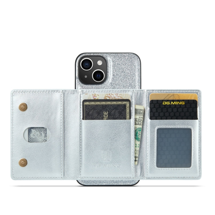 For iPhone 14 Plus DG.MING M3 Series Glitter Powder Card Bag Leather Case(Silver) - HoMEdemic™ 