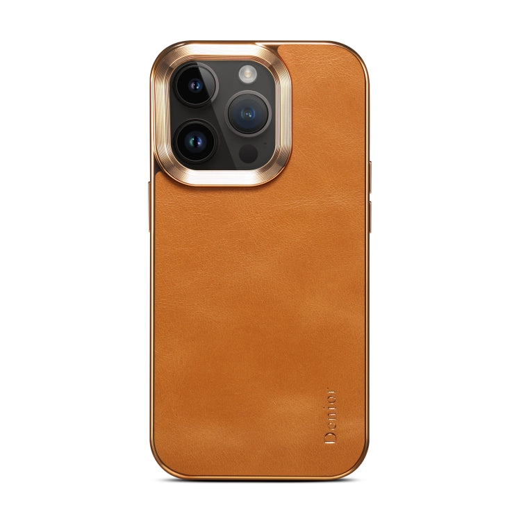 For iPhone 14 Plus Denior Cowhide Leather Plating Phone Case(Khaki) - HoMEdemic™ 