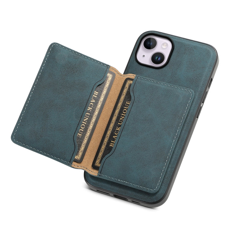 For iPhone 14 Plus Denior D13 Retro Texture Leather MagSafe Card Bag Phone Case(Blue) - HoMEdemic™ 
