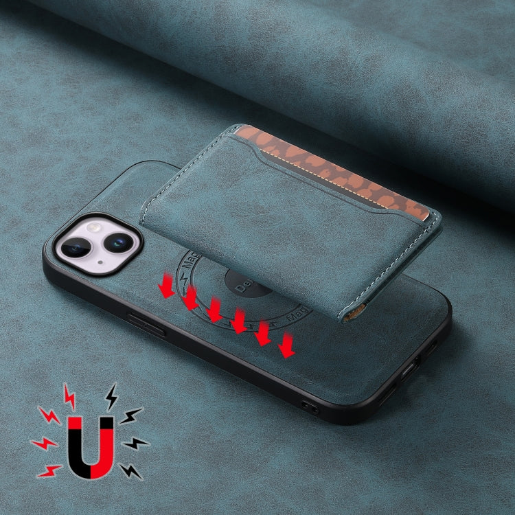 For iPhone 14 Plus Denior D13 Retro Texture Leather MagSafe Card Bag Phone Case(Blue) - HoMEdemic™ 
