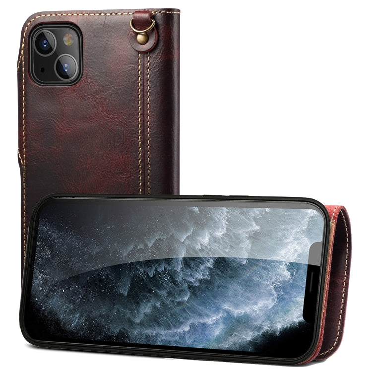 For iPhone 14 Plus Denior Oil Wax Cowhide Magnetic Button Genuine Leather Case(Dark Red) - HoMEdemic™ 