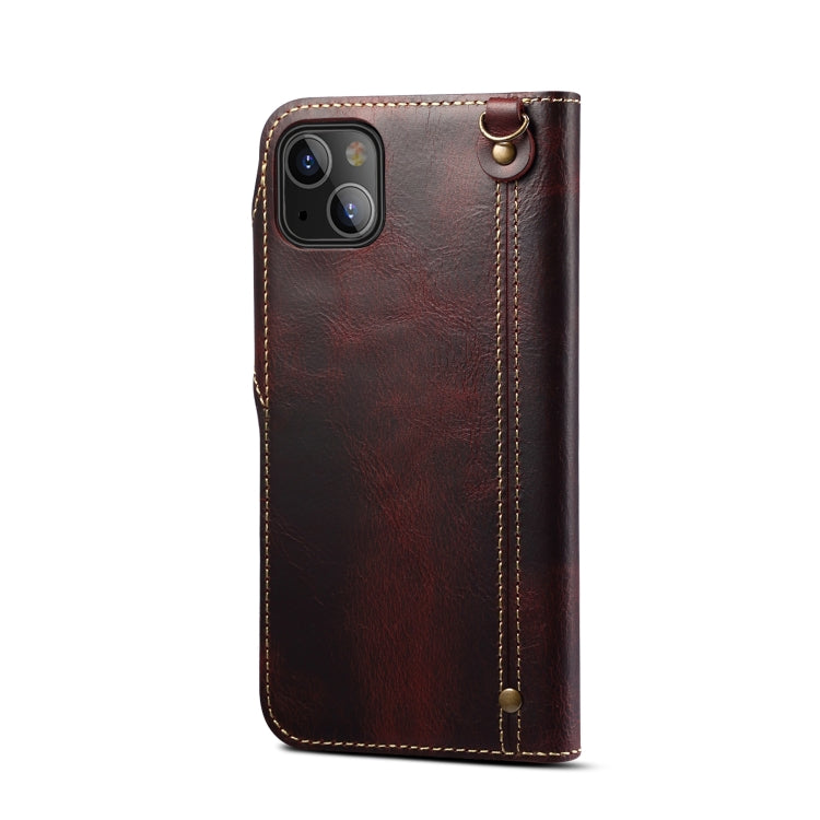 For iPhone 14 Plus Denior Oil Wax Cowhide Magnetic Button Genuine Leather Case(Dark Red) - HoMEdemic™ 
