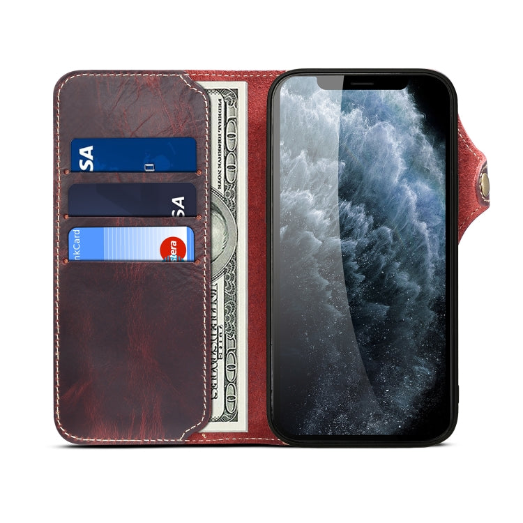For iPhone 14 Plus Denior Oil Wax Cowhide Magnetic Button Genuine Leather Case(Dark Red) - HoMEdemic™ 