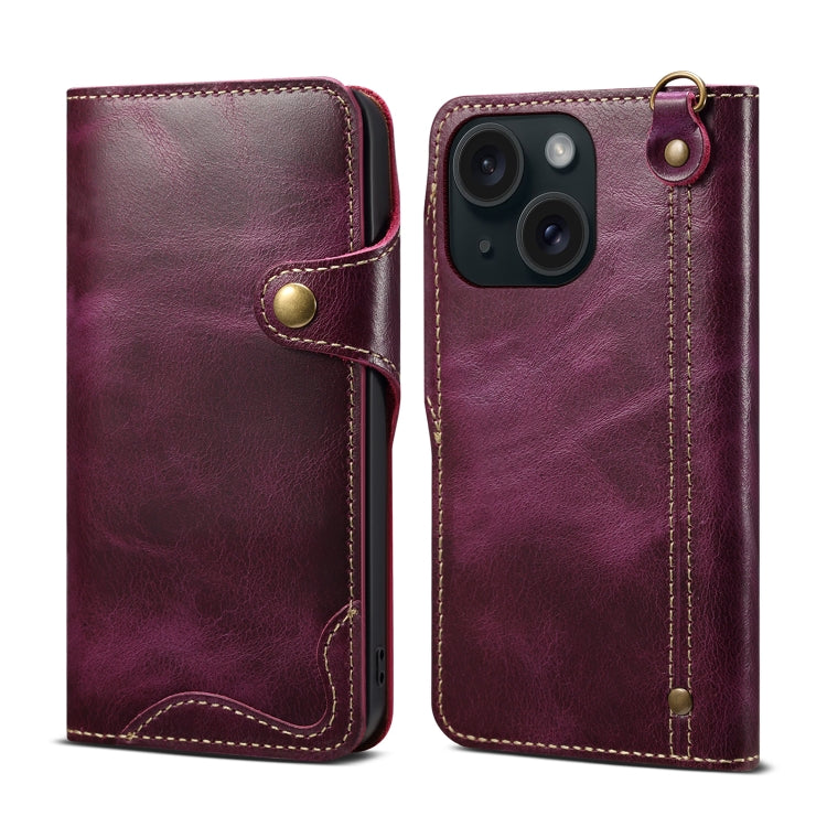 For iPhone 14 Plus Denior Oil Wax Cowhide Magnetic Button Genuine Leather Case (Purple) - HoMEdemic™ 