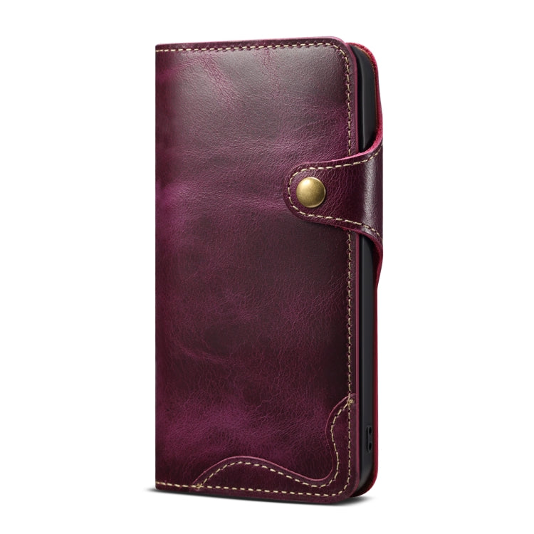 For iPhone 14 Plus Denior Oil Wax Cowhide Magnetic Button Genuine Leather Case (Purple) - HoMEdemic™ 