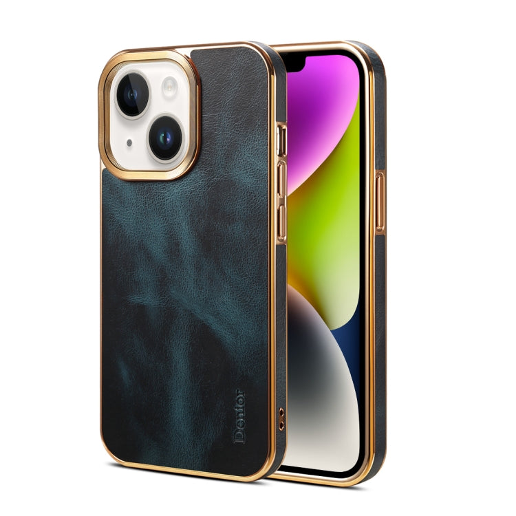 For iPhone 14 Plus Denior Oil Wax Cowhide Plating Phone Case(Blue) - HoMEdemic™ 