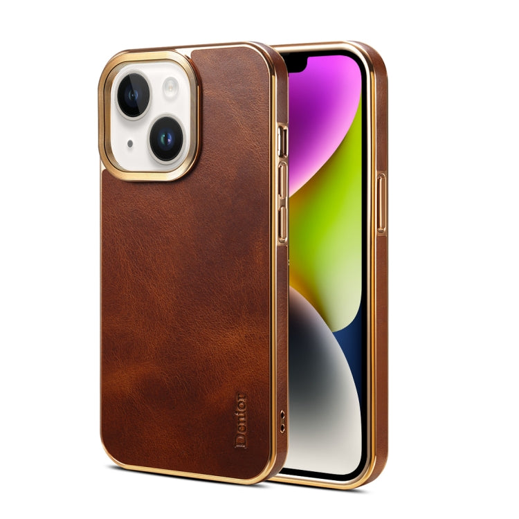 For iPhone 14 Plus Denior Oil Wax Cowhide Plating Phone Case(Brown) - HoMEdemic™ 