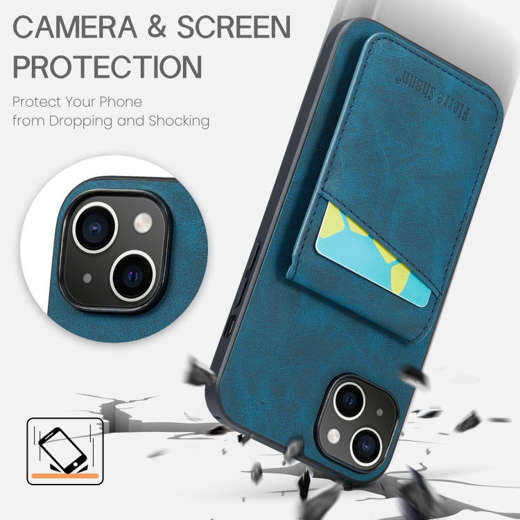 For iPhone 14 Plus Fierre Shann Crazy Horse Card Holder Back Cover PU Phone Case(Blue) - HoMEdemic™ 