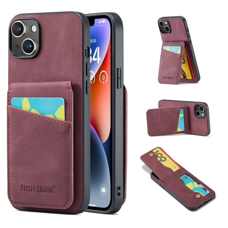 For iPhone 14 Plus Fierre Shann Crazy Horse Card Holder Back Cover PU Phone Case(Wine Red) - HoMEdemic™ 