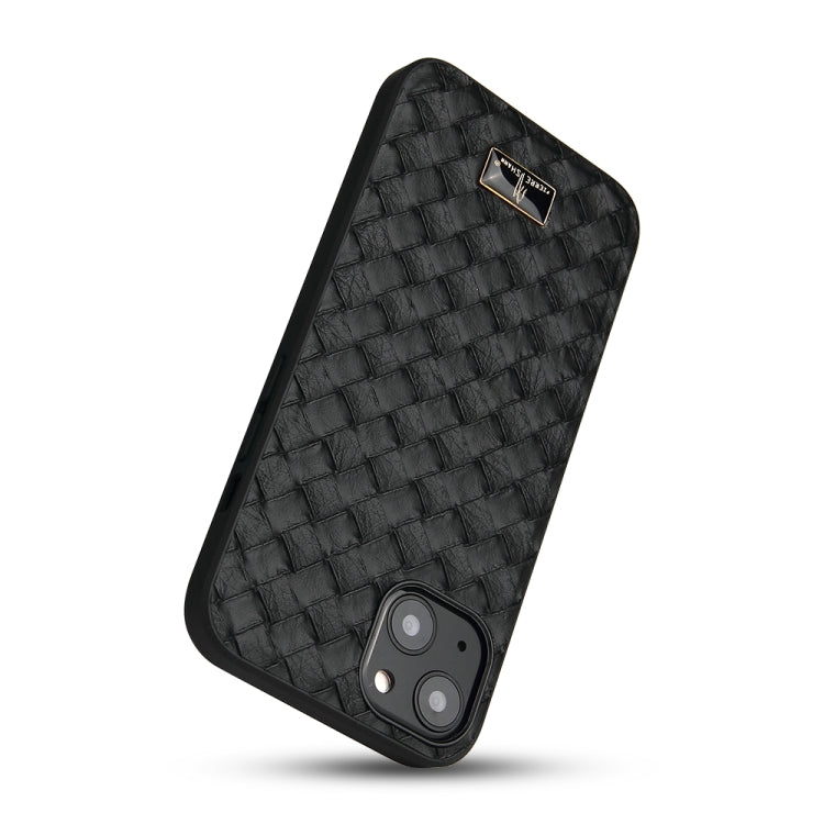 For iPhone 14 Plus Fierre Shann Leather Texture Phone Back Cover Case (Woven Black) - HoMEdemic™ 