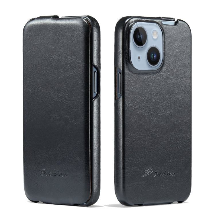 For iPhone 14 Plus Fierre Shann Oil Wax Texture Vertical Flip PU Phone Case (Black) - HoMEdemic™ 