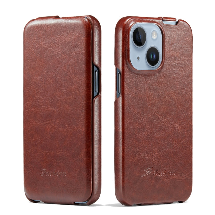 For iPhone 14 Plus Fierre Shann Oil Wax Texture Vertical Flip PU Phone Case (Brown) - HoMEdemic™ 