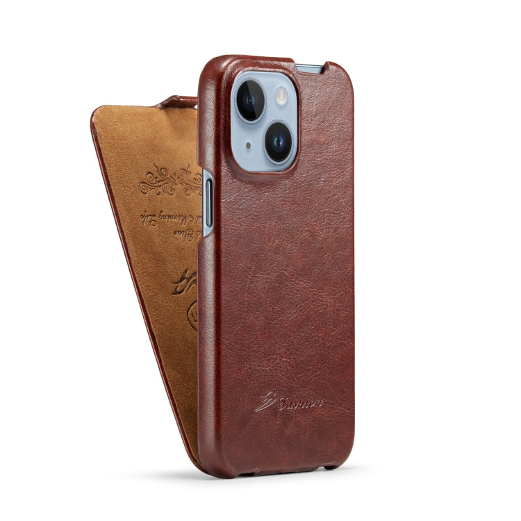 For iPhone 14 Plus Fierre Shann Oil Wax Texture Vertical Flip PU Phone Case (Brown) - HoMEdemic™ 