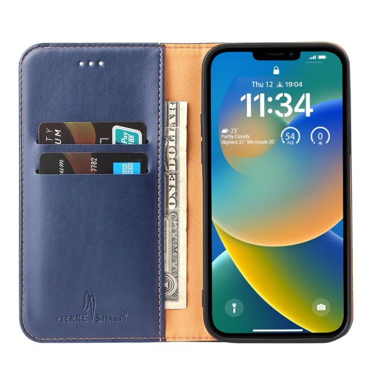 For iPhone 14 Plus Fierre Shann PU Genuine Leather Texture Leather Phone Case (Blue) - HoMEdemic™ 