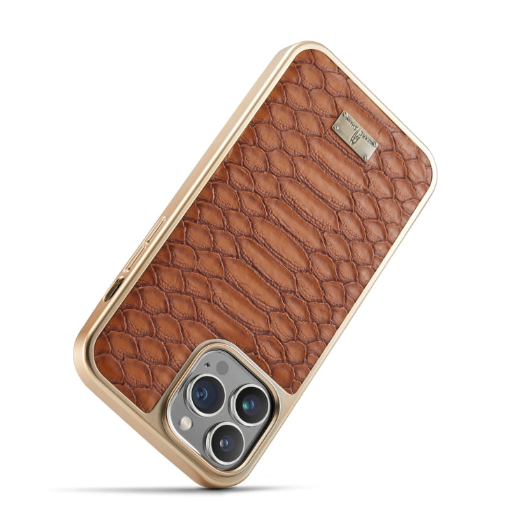 For iPhone 14 Plus Fierre Shann Python Texture Electroplating PU Phone Case(Brown) - HoMEdemic™ 