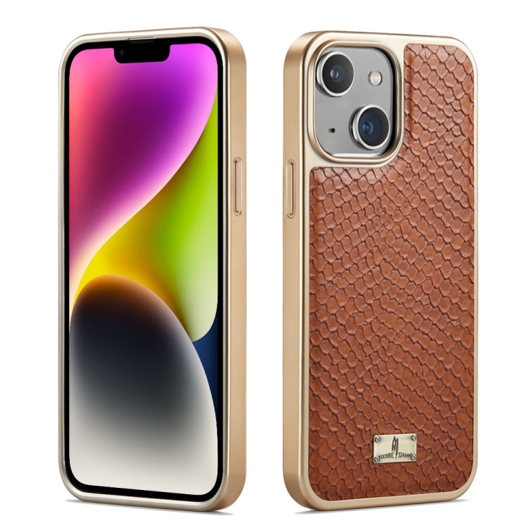 For iPhone 14 Plus Fierre Shann Snake Texture Electroplating PU Phone Case(Brown) - HoMEdemic™ 