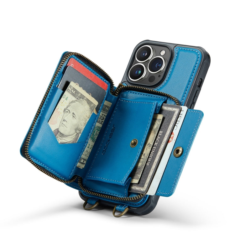 For iPhone 14 Plus JEEHOOD C22 Series Zipper Wallet Phone Case with Long and Short Lanyard(Blue) - HoMEdemic™ 