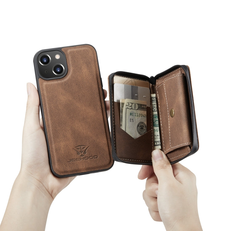 For iPhone 14 Plus JEEHOOD Magnetic Zipper Wallet Leather Phone Case (Brown) - HoMEdemic™ 
